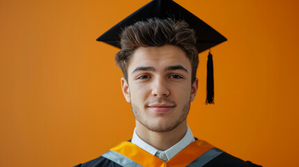 Wall Mural - Portrait of a young graduate man wearing academic dress and cap against an orange background, looking confident and smiling subtly at the camera.
