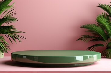 Poster - green cosmetics pedestal on pink wall with a green plant in background