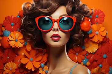 Wall Mural - a fashion girl in glasses is dressed up with colorful flowers and balloons