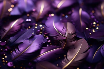 Wall Mural - purple and gold feathers on purple background