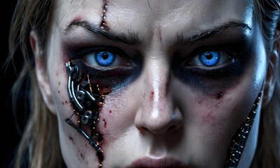 a close up of a woman s face with blue eyes and black makeup . High quality