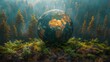 A globe rests on a boulder amidst a natural landscape. Surrounding it are terrestrial plants, trees, and grass, creating a beautiful artistic pattern in the forest