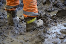 Workers Safety Shoes In Deep, Churned Up Construction Mud