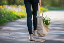 Woman Walking With Daisies Peeking Out From A Tote Bag