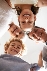 Grandparents, children and portrait smile from below huddle together for bonding connection, vacation or retirement. Elderly couple, kids and face with low angle for holiday care, happiness or love