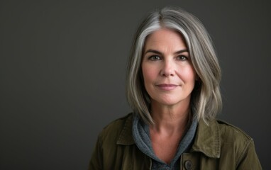 Wall Mural - A multiracial woman with grey hair wearing a green jacket