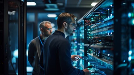 Two IT engineers in glasses work in a data center with rows of server racks, checking cables and system status.