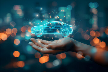man's hand holding virtual blue car, taxi icon, taxi business, e-commerce, program, software, app, delivery, AI, Online, Mobile, booking, network, application, abstract background