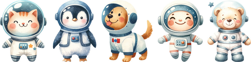 cute animal characters in astronaut costumes. adorable animal illustrations dressed as astronauts, f