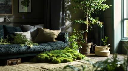 Wall Mural - Comfortable Scandinavian minimalist interior overgrown with grass and flowers. Sunlight from the window. Green lifestyle. A harmonious room with grass, flowers and plants inside.
