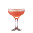 Extreme front view of a Pink Lady cocktail in a coupe glass isolated on a white transparent background