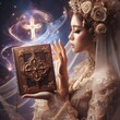 a beautiful heavenly ornate bible book with wooden cross on it floating above an elegant lady's hand, religion spirituality concept