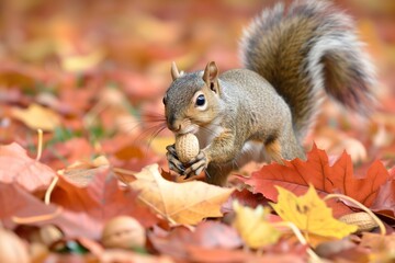 Sticker - squirrel carrying a nut blend across fallen autumn leaves