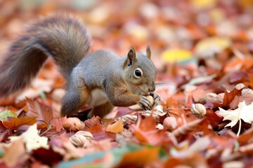 Sticker - squirrel carrying a nut blend across fallen autumn leaves