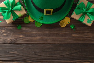 Wall Mural - Charming St. Patrick's theme layout from top view, displaying green clovers, fairy hat, lucky coins, wrapped gifts, garlands, confetti, organized on wooden setting, with space for messaging or adverts