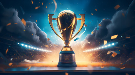 Golden trophy winner cup with blurred background and copy space