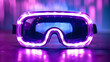 © john - 3d 360 vr headset glasses goggles lenses in futuristic purple neon light on table, virtual augmented ar reality innovative party experience digital mobile technology background concept, close up view