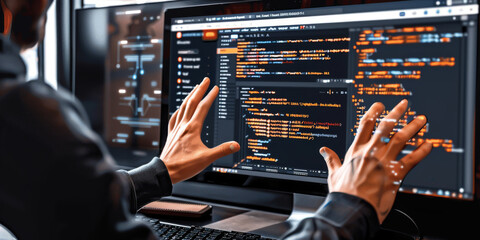 programmer writing program code sitting at the workplace with laptop, Developing programmer Development Website design and coding technologies .