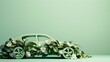 modern car made of leaves and flowers on a mint green background, eco electric car concept