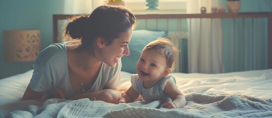 Mother with baby on bed having good time. Portrait of a beautiful mother with old baby in the bedroom. Generative AI