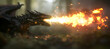 A Dragon spiting the fire, side perspective, normal exposre, empty space for text or logo, blured reallistic background