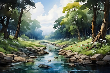 Wall Mural - Fantasy Green Forest with Small River. Serene and Lush Forest Scene