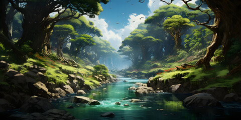 Wall Mural - Fantasy Green Forest with Small River. Serene and Lush Forest Scene