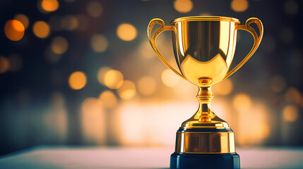 Golden trophy winner cup with blurred background and copy space