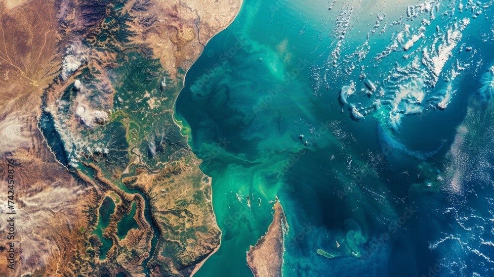 A satellite view captures the vibrant interplay of land and sea ...