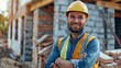 © Sawitree88 - A cheerful bricklayer at a building site is shown in this portrait. Happy bricklayer wearing a helmet and safety vest.