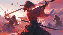 Illustration Of Samurai Sword Fighting Anime Style
