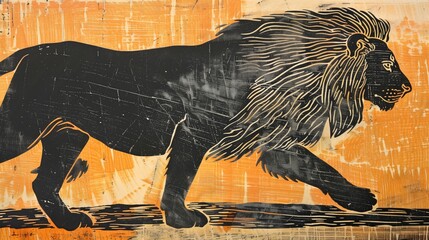 lion woodblock print with orange background