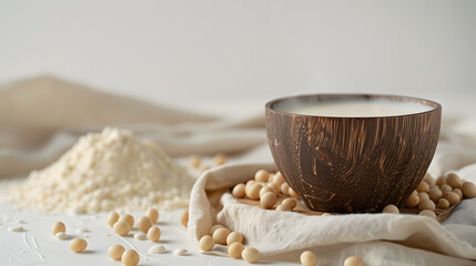 Canvas Print - Soy milk in a coconut bowl with soybeans and flour on a light background. Natural food ingredient concept with copy space. Design for banner, poster, recipe