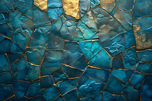 Blue Art Wallpaper With A Gold Tile Background, In The Style Of Glass Fragments Art, High Detailed, Cracked, Dark Turquoise And Light Bronze, Shaped Canvas, Mosaic-like,