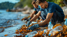 Two Men Are Cleaning The Beach From Plastic Bottles And Seaweed