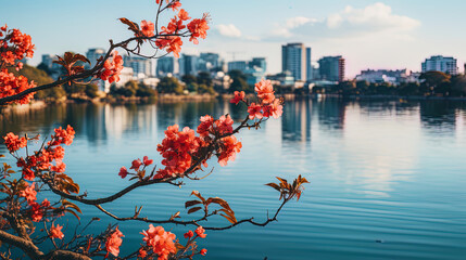 Wall Mural - Against the background of the city landscape, cloves bloom, like small oases of wildlife among