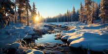 The Frozen River, Decorated With An Emerald Ice Veil, Like A Winter Fairy Tale, Which Stopped In