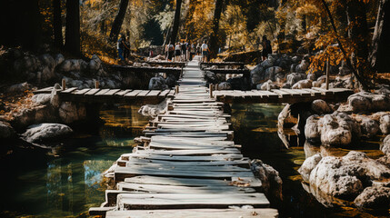 The view of the wooden bridge, which is thrown between two majestic cliffs, like a bridge into t