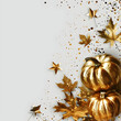 Composition of leaves, golden pumpkins and placers of confetti stars. Autumn or thanksgiving day background