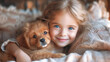 © Irina - Portrait of a happy cute little girl hugging her favorite brown puppy at home. Child and dog friendship concept