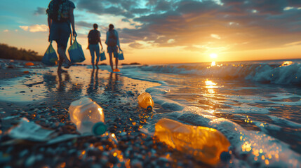 Wall Mural - a group of people are walking along a beach at sunset