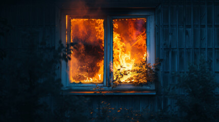 Wall Mural - Fire in the house. Windows of the burning house. Burning building in the flames of fire at night