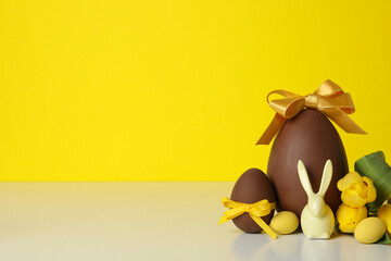 Wall Mural - Chocolate eggs with a bow on a yellow background