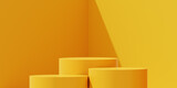Fototapeta Panele - Empty yellow product podium display 3d room background with minimal pedestal show stand modern platform abstract light shadow showroom presentation backdrop cosmetic template geometric summer shelf.