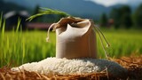 Fototapeta Na sufit - Asian unpolished white rice in a bag on the background of a rice field
