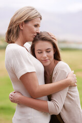 Poster - Mother, daughter and hug with care outdoors in nature for mothers day, love and affection for gratitude. Mom, teenage child and bonding together on summer vacation for support, smile and relationship