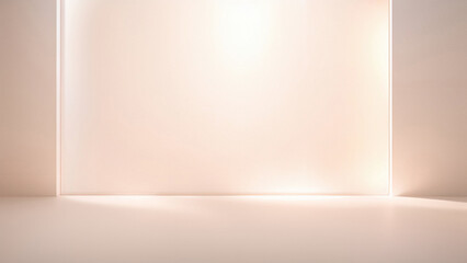 Poster - Minimalistic light beige background for presentation. A light pink wall in interior with beautiful built-in lighting and a smooth floor. Peach fuzz color 2024.