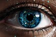 human eye with digital implant, concept of enhanced reality and digital eyesight of the future, computer vision, information processing, artificial intelligence