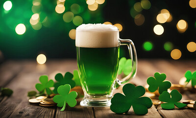 Green beer with lucky shamrock leaves and coins on bokeh background