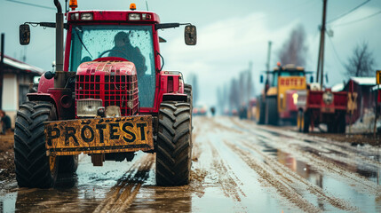 Wall Mural - Rugged tractor with a 'PROTEST' sign on muddy rural road during a demonstration, symbolizing agricultural activism and the plight of farmers